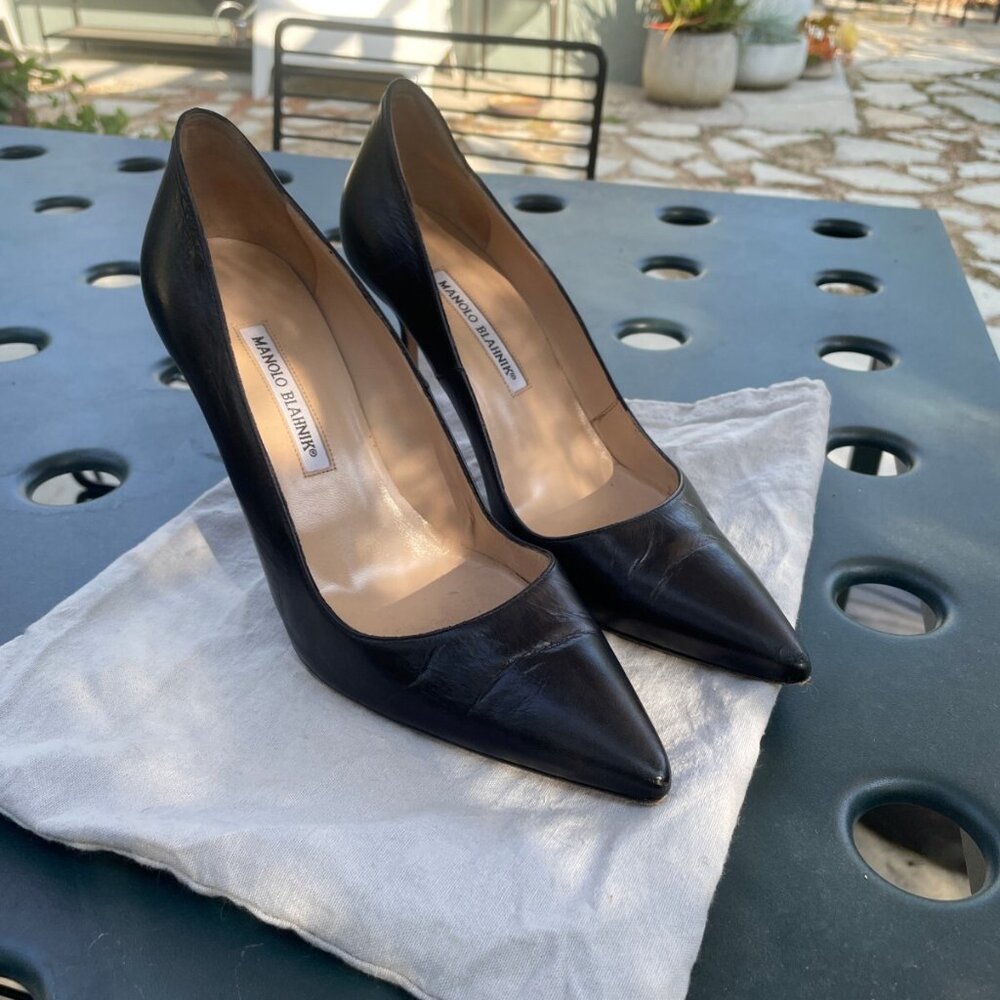 Manolo Blahnik Pumps Black Leather Calf BB Heels Shoes